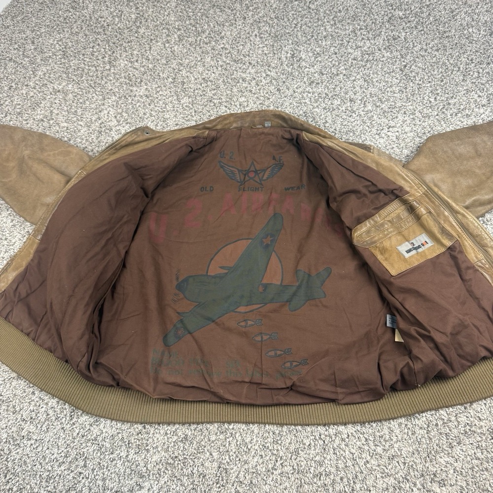 U2 Wear Me Out Leather Bomber Flight Jacket Mens 42 Brown A2 Aviator Distressed